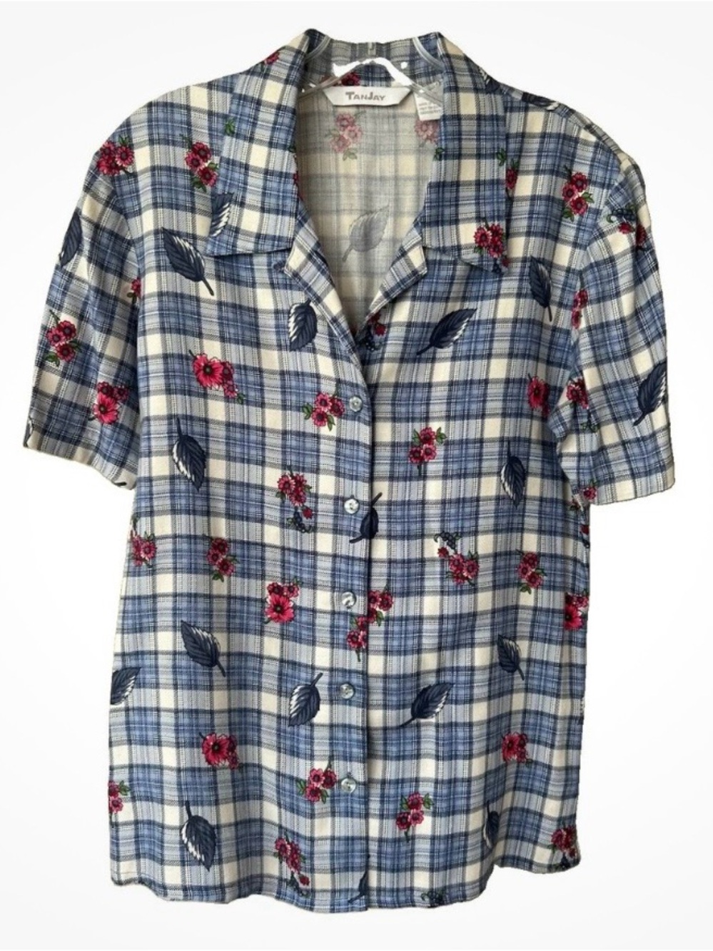 Vintage TanJay Blue White Plaid Floral Rayon Blouse Size 8